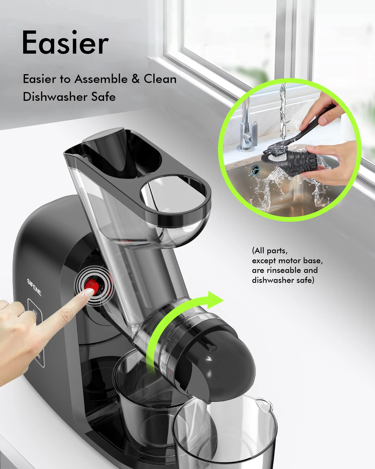 SiFENE Slow Masticating Juicer Machine, Dual 3" Wide Mouth, Anti-Clog, Wheatgrass and Fruit Juice Extractor, Easy-Clean, Grey 5