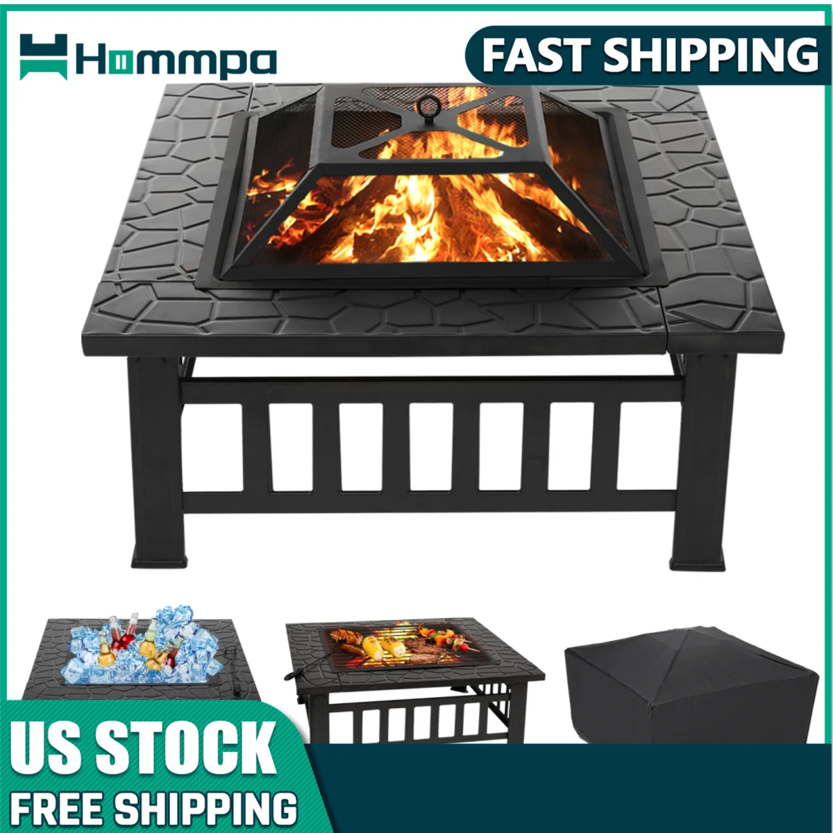 32 Inch Square Fire Pit Table Outdoor Wood Burning Bbq Grill Table