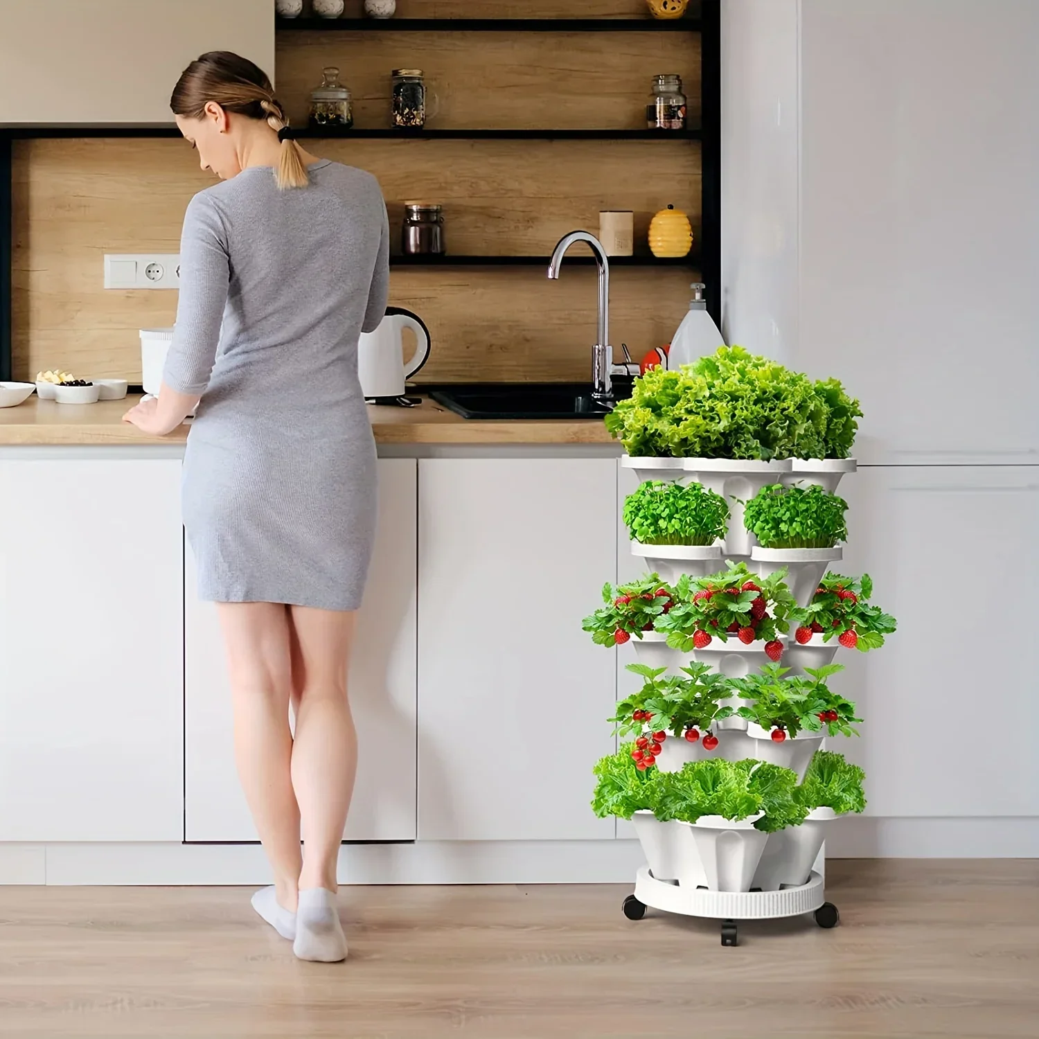 Verticale Plantenbak Toren Tuin, 3 Gelaagde Planter Stapelbare Kruidentuinplanter Met Beweegbare Wielen En Bodem Binnen En Buiten