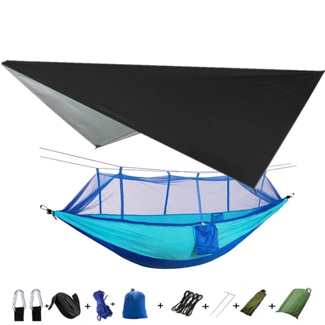 Lightweight Portable Camping Hammock and Tent Awning Rain Fly Tarp Waterproof Mosquito Net Hammock Canopy 210T Nylon Hammocks Black and Light blue