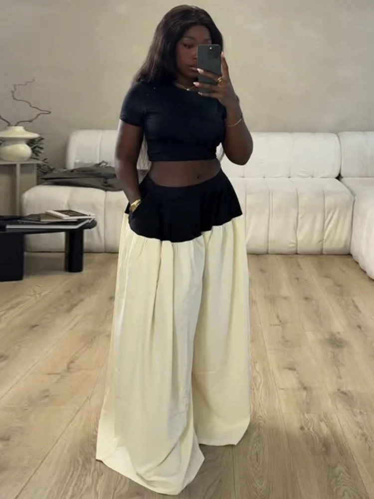 Wmstar Two Piece Set Women Wholesale Stock 2025 Summer New Fitted Short Top Wide Leg Contrasting Color Long Pants Fancy Club