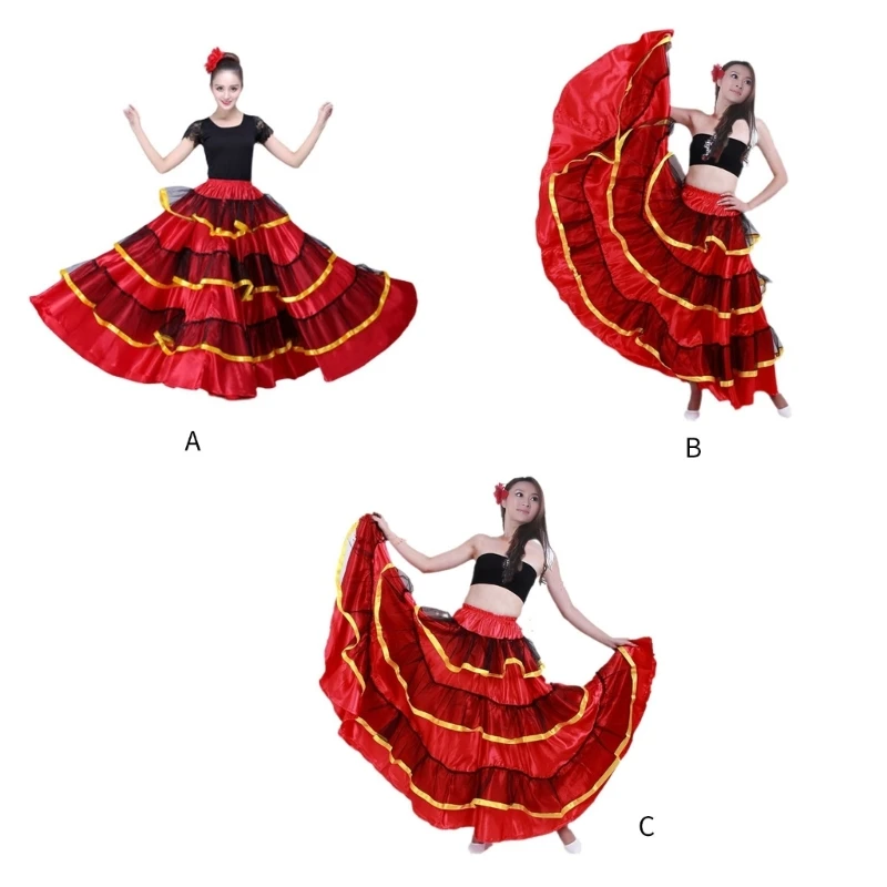 

Women Layer Long Skirt Belly Dance Skirt Spanish Flamenco Dance Skirt for Mexico Ballet Folklorico Performances Costume