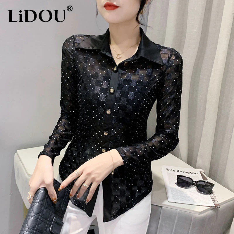 Autumn Winter Street Style Diamons Long Sleeve Shirt Ladies Elegant Fashion All-match Buttons Blouse Women Casual Cardigan Top french design suit women autumn winter 2022 celebrities gold buttons suit coat blazers for women high street