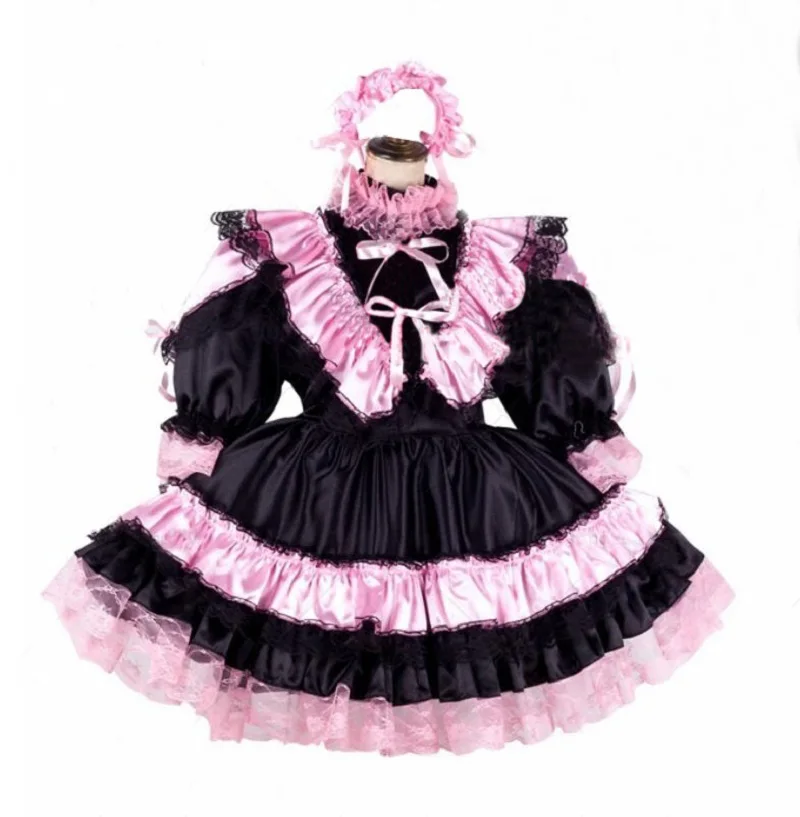 

French Sissy Adult Sexy Cross Dressing Black Satin Skirt Lockable Maid Uniform Role-playing Costume Customization