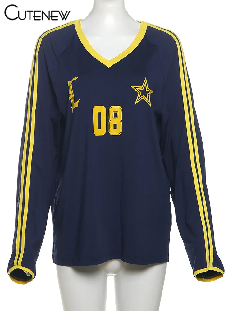 Football Track Women T-shirts Autumn Printed Striped Long Sleeve V-neck Oversized Tops Female Active Casual Streetwear