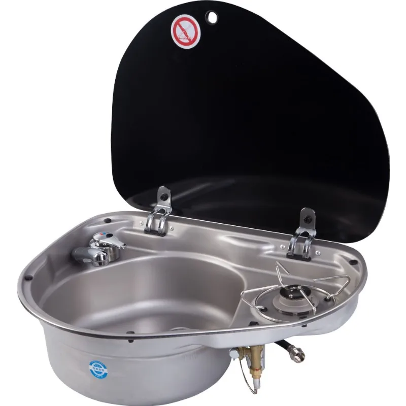 1.35KW Stainless Steel 2-in-1 Water Tank Gas Stove for RVs and Yachts Gas Stove with Tempered Glass Cover and Water Basin safety handrails or handle made of 304 stainless steel and glass are used for campervan motorhomes and yachts