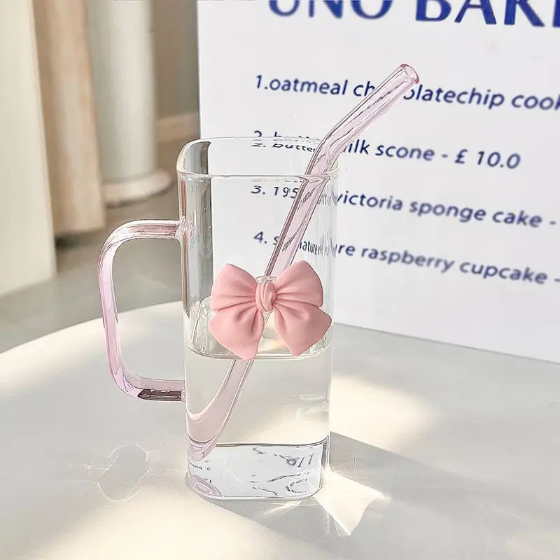 Square bow glass cup, high-value straw, heat-resistant flat bottomed colored cup