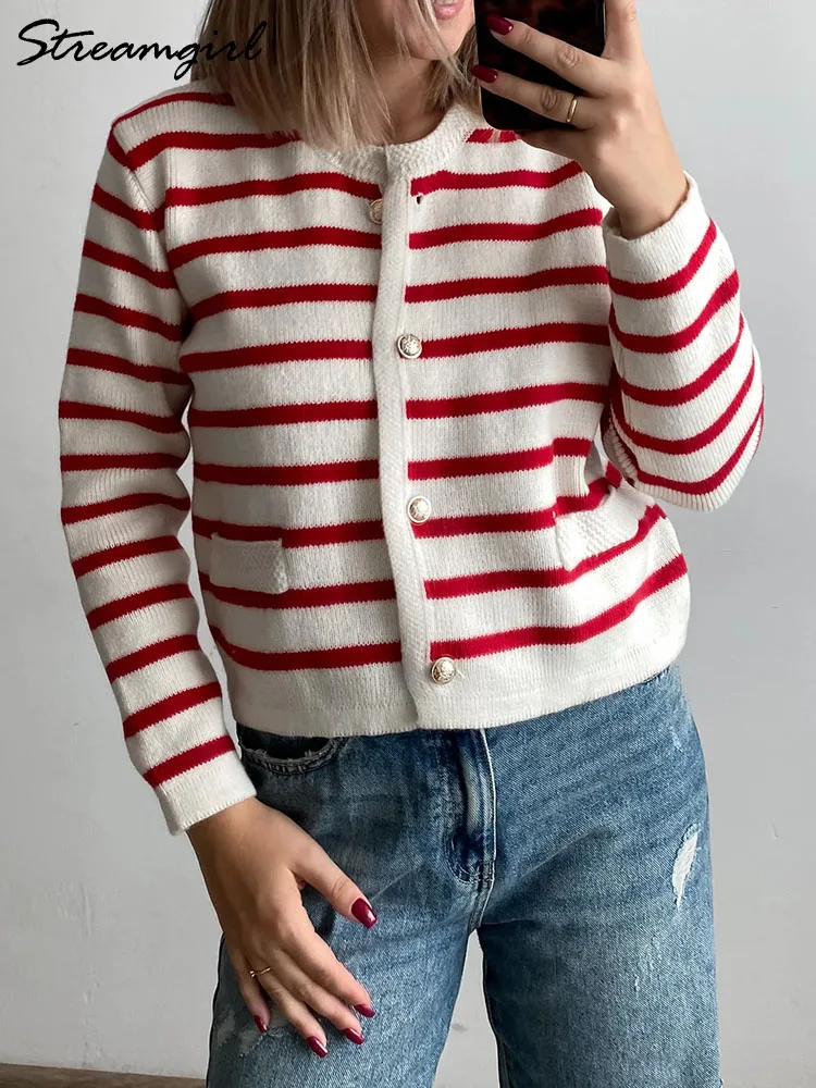 Autumn Short Cardigan For Women Knitted Striped Jackets