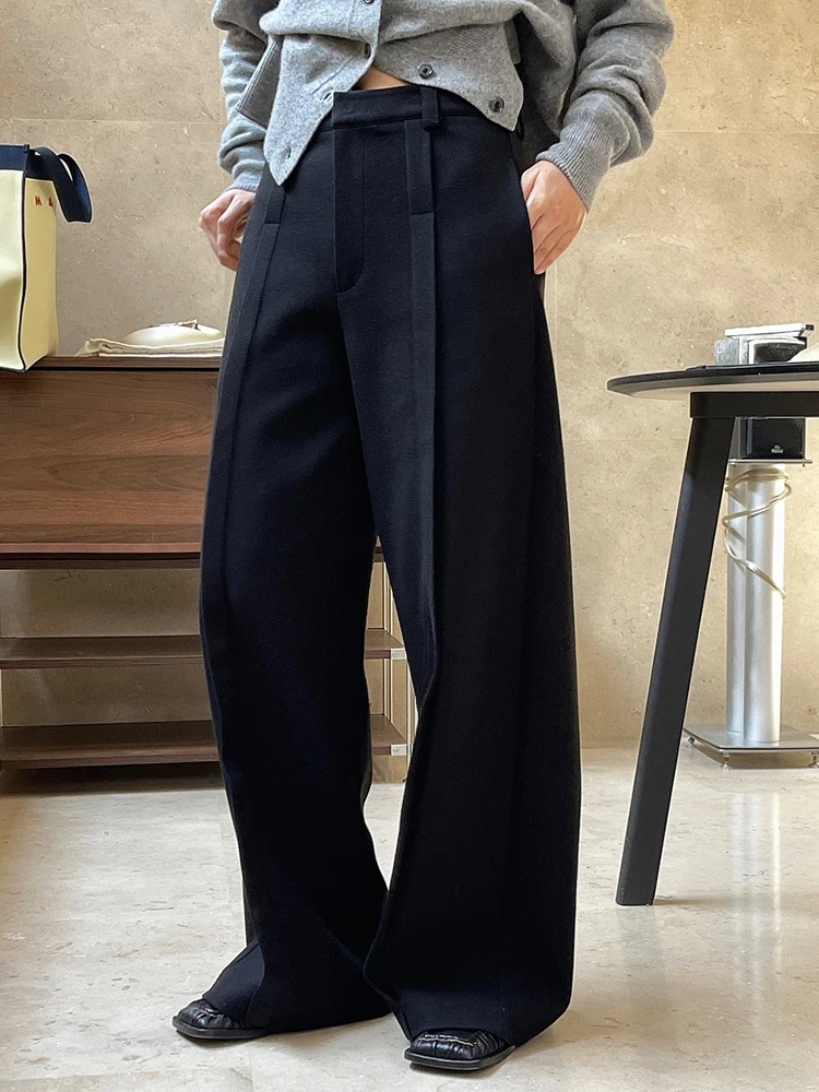 [LANMREM] 2025 Winter New Black Pants Women Spliced High Waist Pleated Wide Leg Trousers Minimalism Female Clothing 26D6954 2