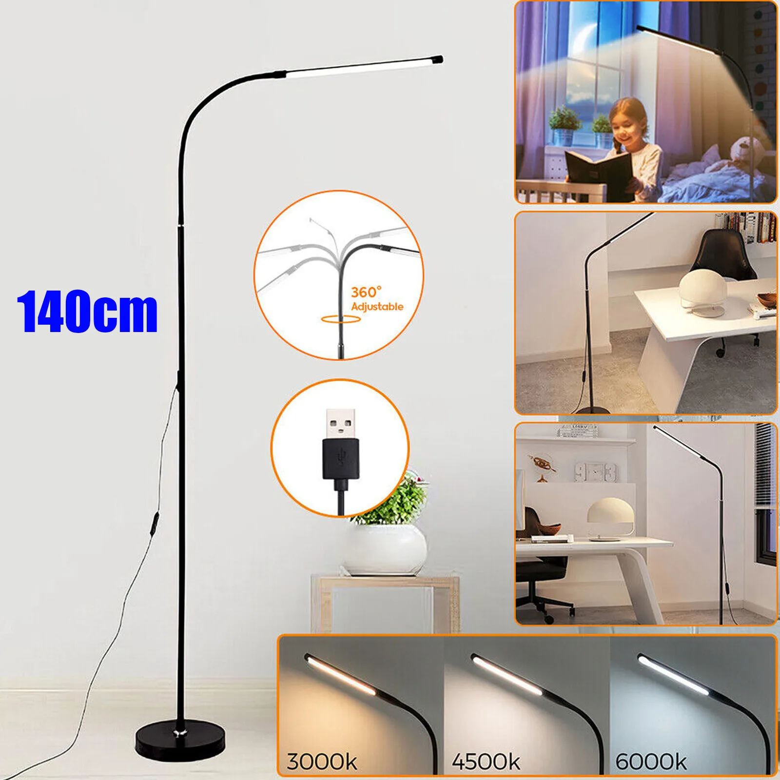 LED Floor Lamp 360 Gooseneck 3 Color Standing Lamp For Reading Office Bedroom