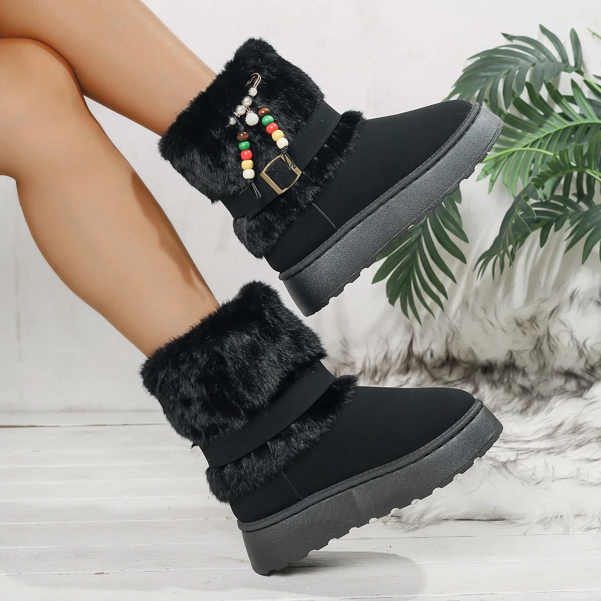2025 Winter Fashion Faux Fur Non Slip Snow Boots Women Colorful Bead Decoration Thick Bottom Boots Short Plush Ankle Booties