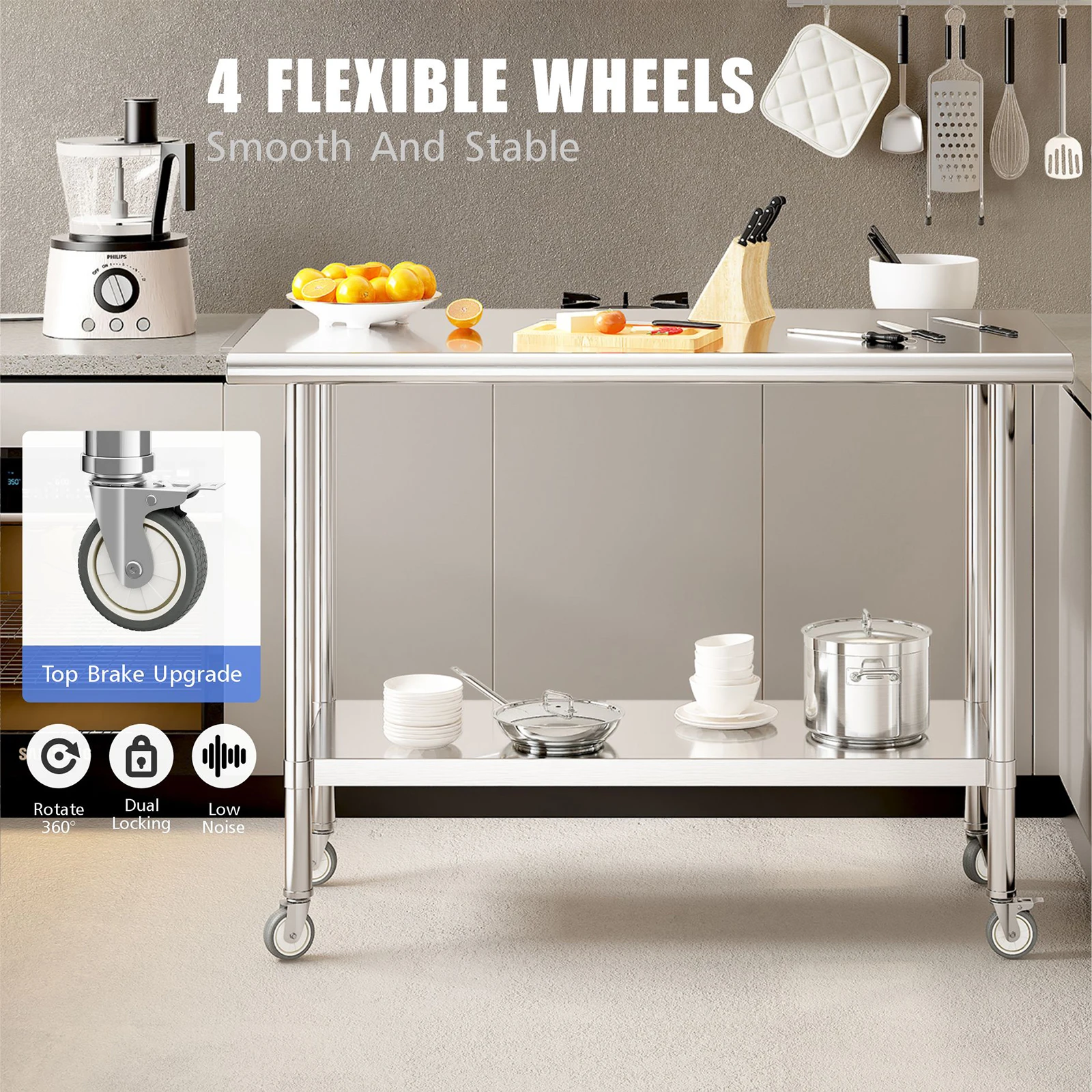 REDLIFE Stainless Steel Work Table 2-Stage Adjustable Shelf w/ 4 Wheels Heavy Duty Food Prep Worktable for Restaurant Home Hotel