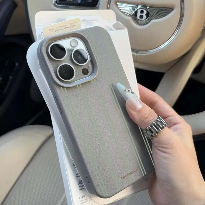 Green Stripe Lichee Pattern Shockproof Phone Case with Silicone Cover