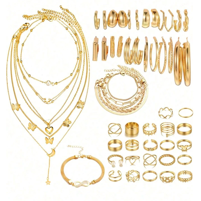 38-68 Pcs Simple Elegant Vintage Jewelry Set Butterfly Heart Pearl Rhinestone C-Shape Earrings,Necklace, Ring, Bracelet Set Gift