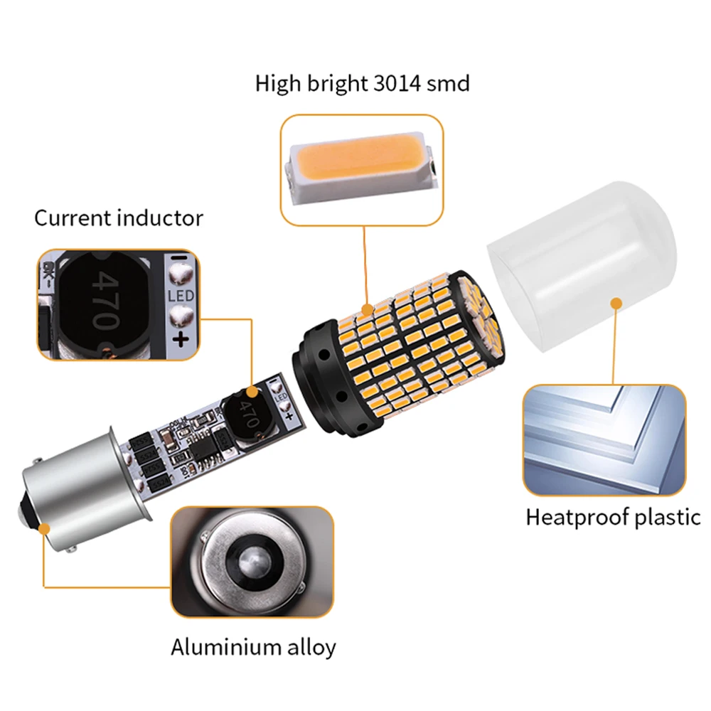 Car Light Bulb 2pcs 1156 BA15S P21W BAU15S PY21W 3014 144SMD T20 1157 BAY15D P21/5W 7440 7443 Turn Signal Reverse Lamp 12V