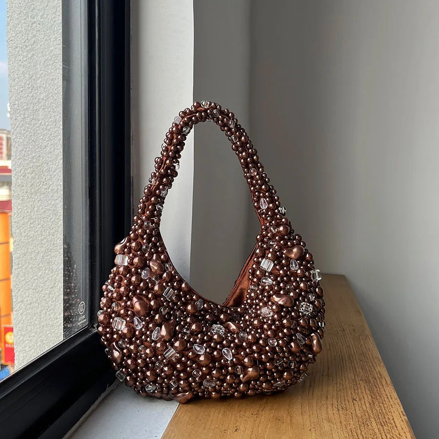 Ladies Casual Pearl Handbag Large Capacity Simple Pearl Underarm Bag Solid Color Crystal Beaded Armpit Bag Date Party Bag