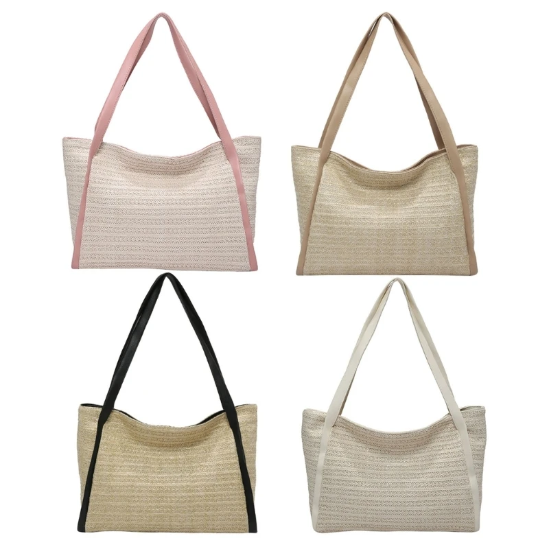 Womens Woven Straw Bag Shoulder Bag Elegant Contrast Color Faux Leather Straps Large Capacity Handbag for Beach Holiday
