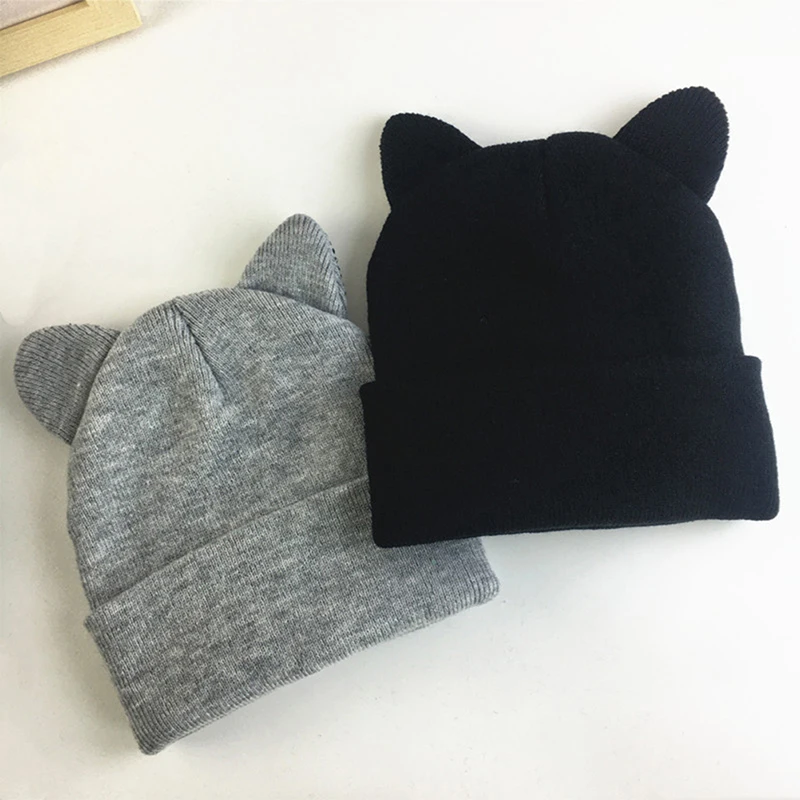 Gorro de lana con orejas de gato, gorro de punto, bonito, cálido e informal, diseño de moda, color gris y blanco, 1 unidad