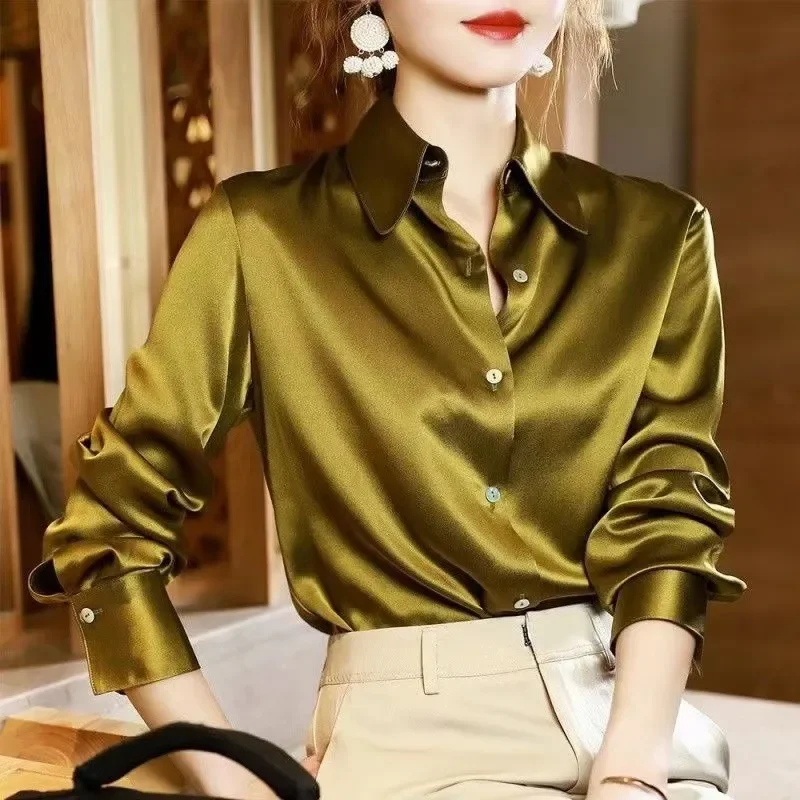 Green Silk Button Down Shirt Women 2023 Autumn Fashion Turn-down Collar Long Sleeve White Business Blouse Lady Elegant Loose Top