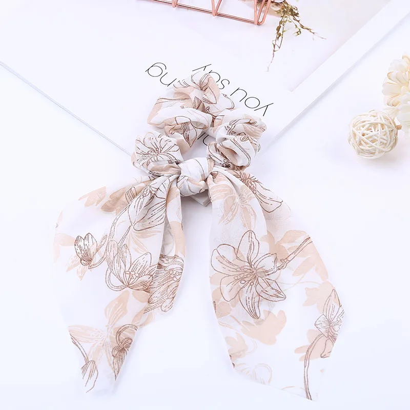 2021 New Chiffon Bowknot Silk Hair Scrunchies Women Pearl Ponytail Holder Hair Tie Hair Rope Rubber Bands Hair Accessories elastic headbands for women Hair Accessories