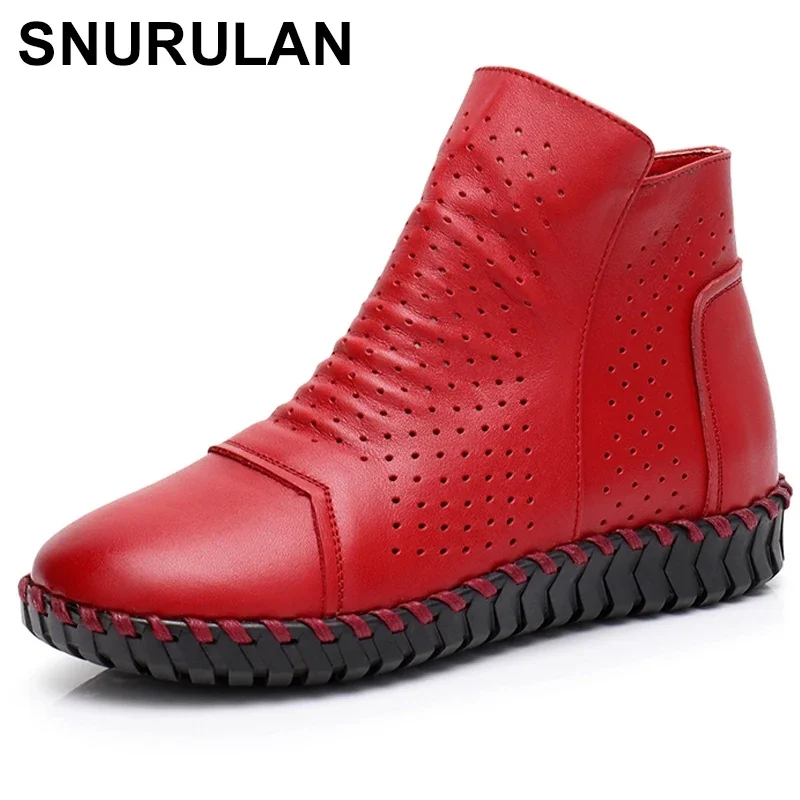 

SNURULAN Women Boots Genuine Leather Ankle Boots Hollow Summer Boots Chaussures Femme Comfortable Flat Women Shoes Large Size