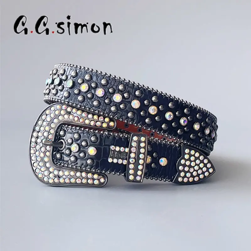 GGSIMON Punk Rhinestone Belts Luxury Strap Western Cowboy Diamonds