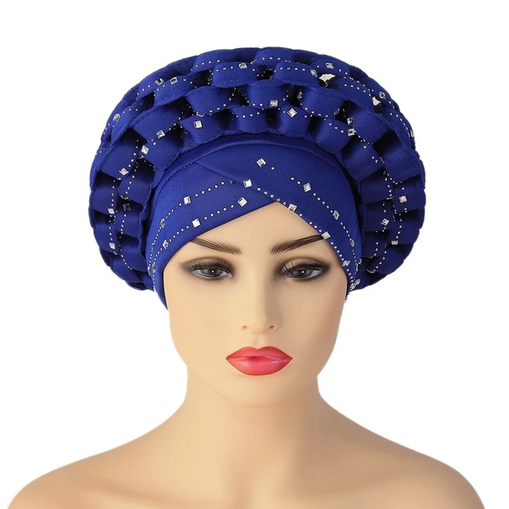 Inlaid with Diamonds African Pattern Pre-Tied Bonnet Turban Knot Cap Headwrap Hat Auto Gele Robe Africaine Aso Oke Ready To Wear