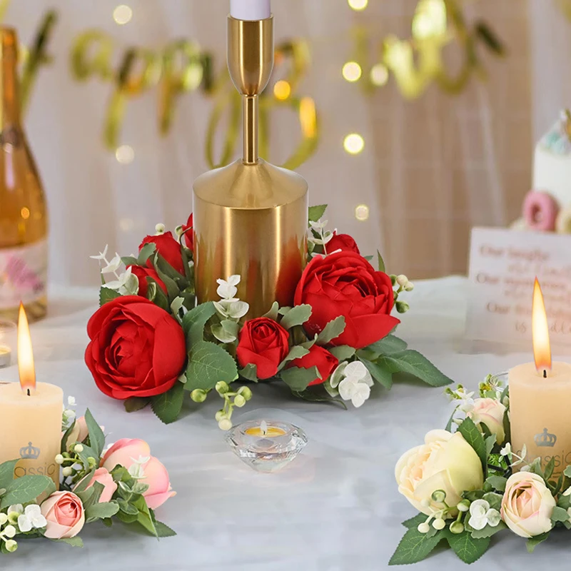 

20cm Valentine's Day Candlestick Wreath Artificial Rose Candle Holder Wreaths Candlelight Dinner Wedding Party Table Decoration