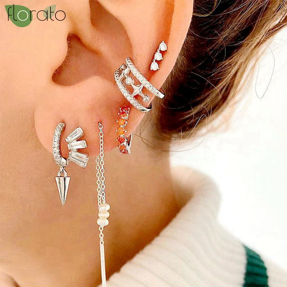 

925 Sterling Silver Needle Color Crystal CZ Geometric Gold Earrings Premium Small Hoop Earrings for women Party Trend Jewelry