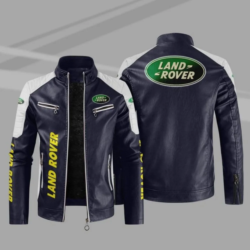 Land Rover motorcycle warm plus velvet pu leather jacket contrast color fashion men's PU windproof leather jacket 5