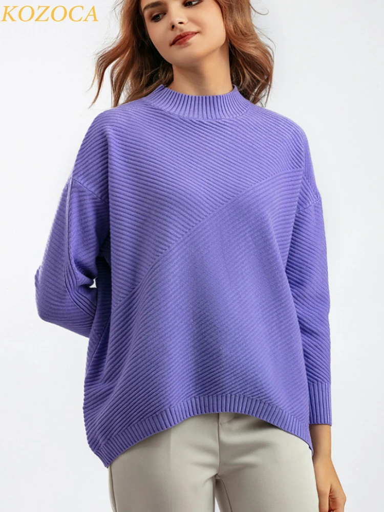 

Kozoca Autumn Sweater Vintage Long Sleeve Solid Pullover Knitwear Half High Neck Sweater Women Loose Fashion Warm Thick Pullover