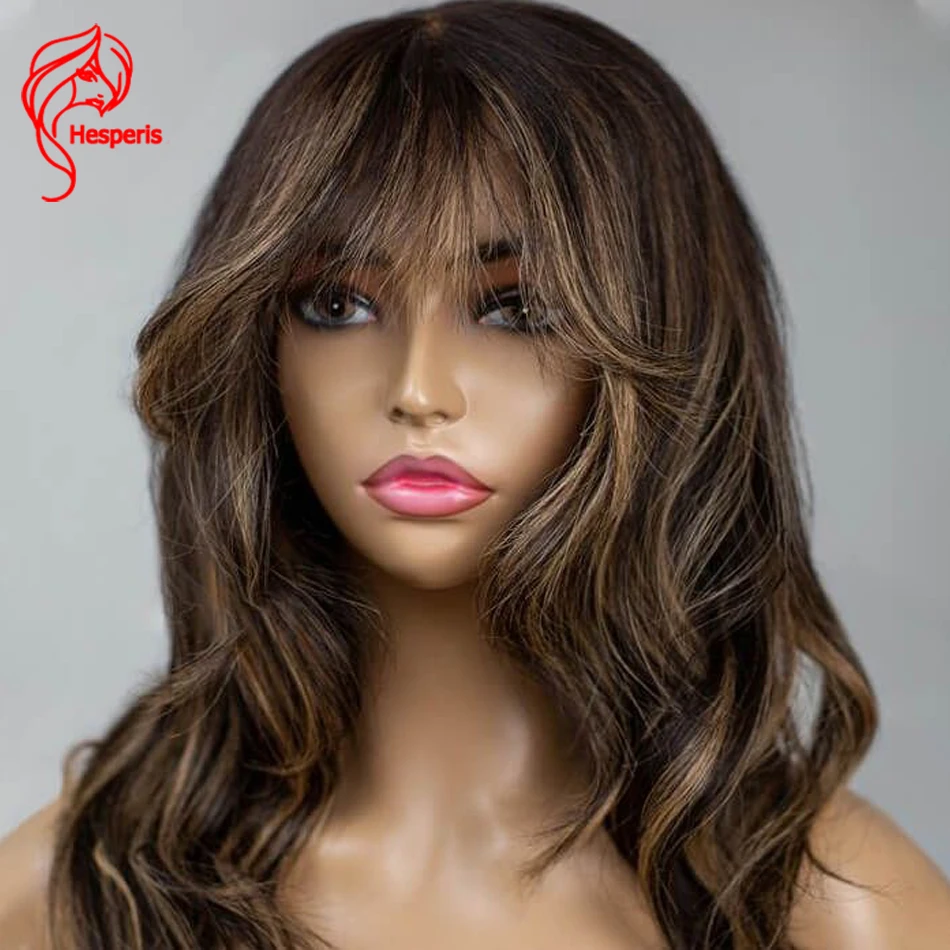 Hesperis Body Wave Full Machine Made Wig Brazilian Remy Highlight Human Hair Wig With Bangs Blonld Color 200 Density Glueless