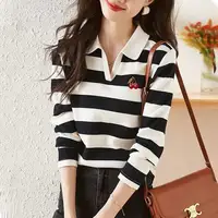 Women Korean Fashion Striped Print Elegant Polo Collar T-shirt Spring Autumn Female Casual Long Sleeve Loose Chic All Match Tops - Image 3