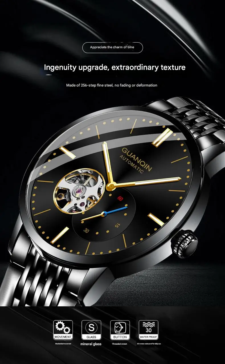 Orologio da polso da uomo GUANQIN con scheletro automatico, meccanico, a carica automatica, in acciaio inossidabile, luminoso, stile vintage, con zaffiro e impermeabile_voghion.com