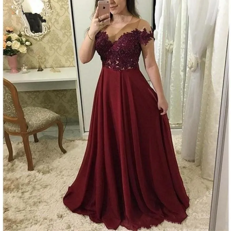 

ANGELSBRIDEP Burgundy Evening Dresses Long Elegant A Line V Neck Ruffles Chiffon Formal Wedding Party Dress Robe De Soiree HOT