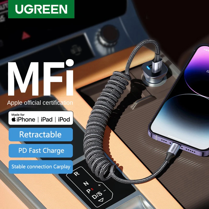 UGREEN Car Spring Cord Fast Charging Lightning Data Cable Compatible With  iPhone