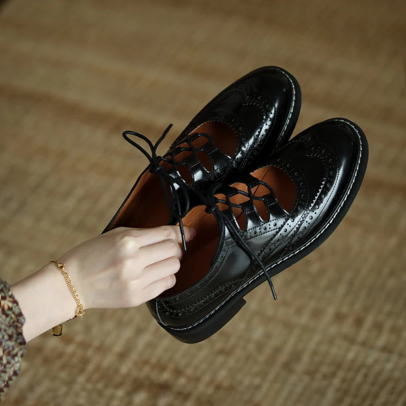 Women Genuine Leather Oxford Shoes Round Toe Black White Lady Lace Up Brogues Loafers Casual Shoes for Women Leather