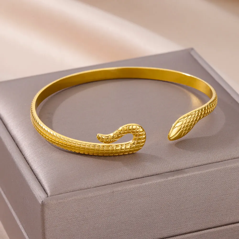 Flongo Bracciale Rigido Serpente Donna – Oro Con Zirconia Cubica, Acciaio Inox, Regolabile, Stile Vintage Punk - copertina
