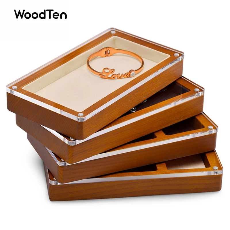 

WoodTen Solid Wood Ring Pendant Necklace Jewelry Display Case Organizer Microfiber Jewelry Storage Box