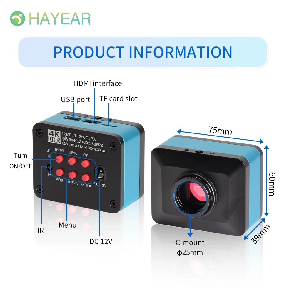 HAYEAR 12MP 4K 2160P HDMI USB 산업용 비디오 디지털 현미경 카메라 180X 300X 줌 C 마운트 렌즈 수리 납땜 도구용