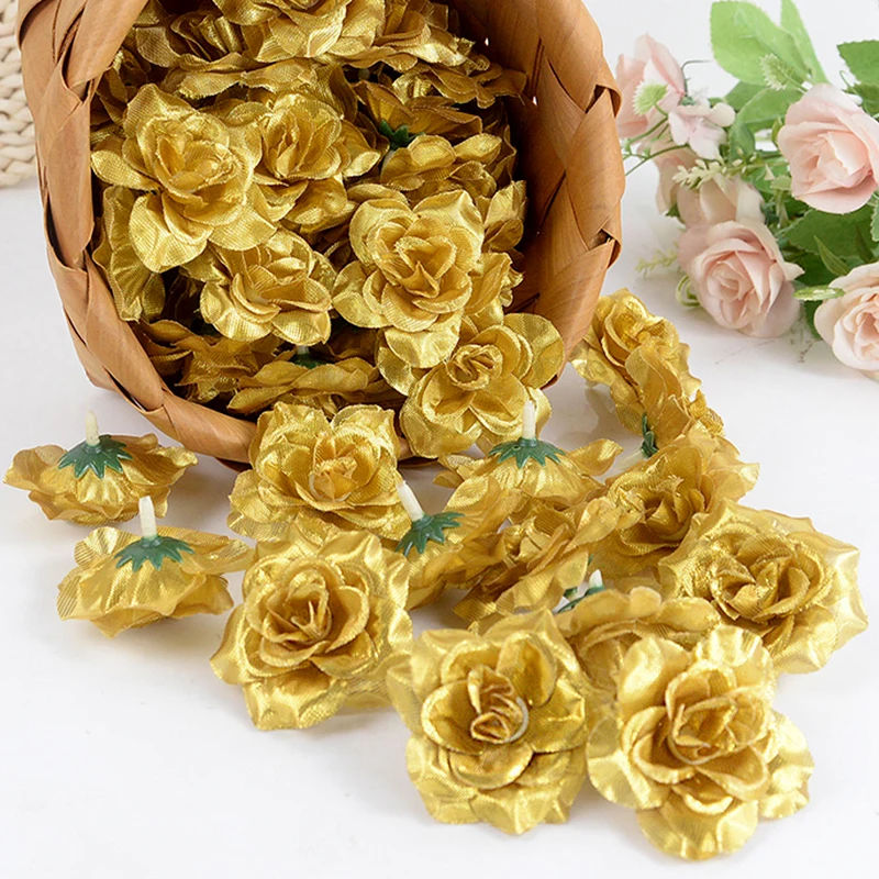 

10/20/30pcs 6cm Silver Golden Artificial Rose Head Silk Flower For Wedding Bride Bouquets Home Decoration Christmas Party Wreath