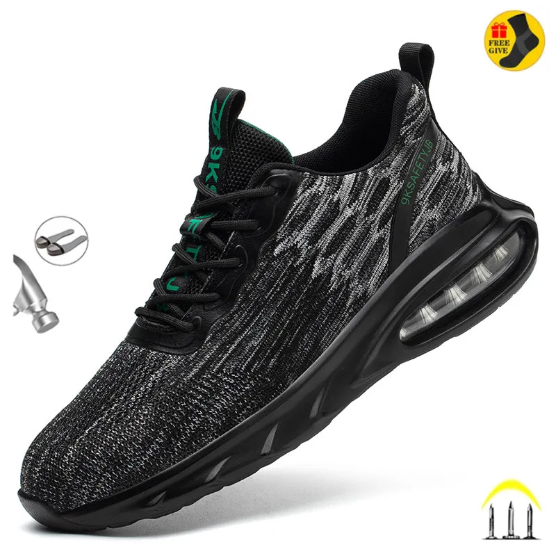 

Black Safety Shoes Men Air Cushion Work Shoes Male Puncture-Proof Shoes Steel Toe Indestructible Footwear Light Work Sneakers