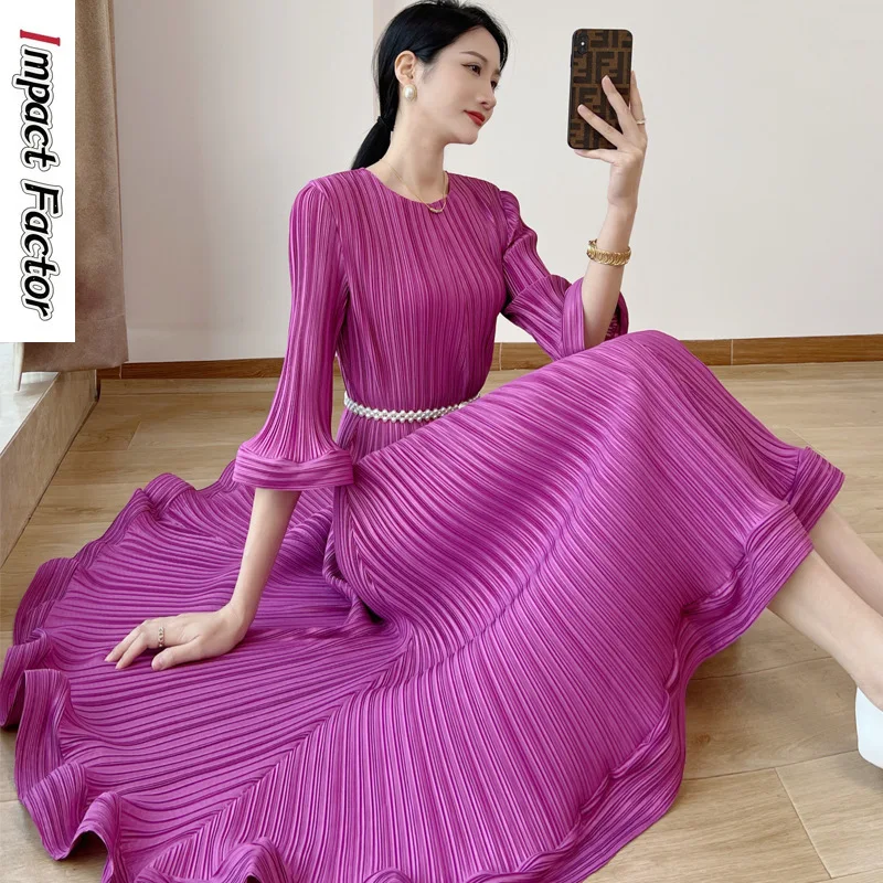 

Ruffled and Irregular Mid Length Party Dress Women's O-Neck Solid Color Women's Elegant Loose Evening Dress 2024