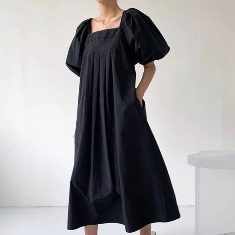 

Long Dress Kleid Summer Vestido Midi Elegante Khaki Vintage Fold Simplicity Square Collar Half Puff Sleeve Loose Robe Elegant