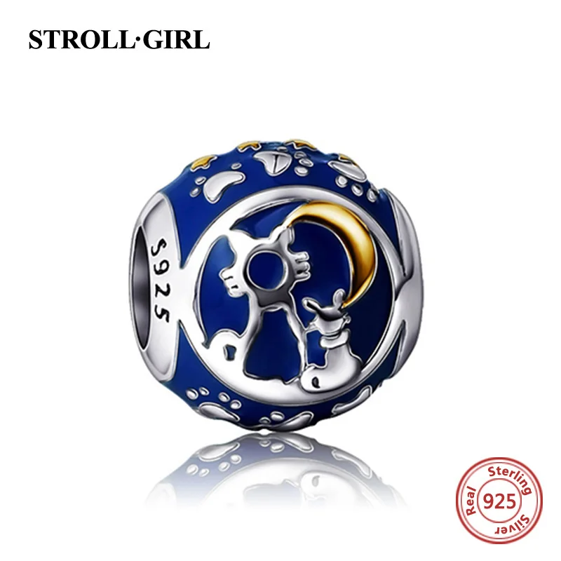 

925 Sterling Silver Fit Original European Bracelet Antique Cat Moon Star Heart Enamel Charms Beads Jewelry Making for Women Gift