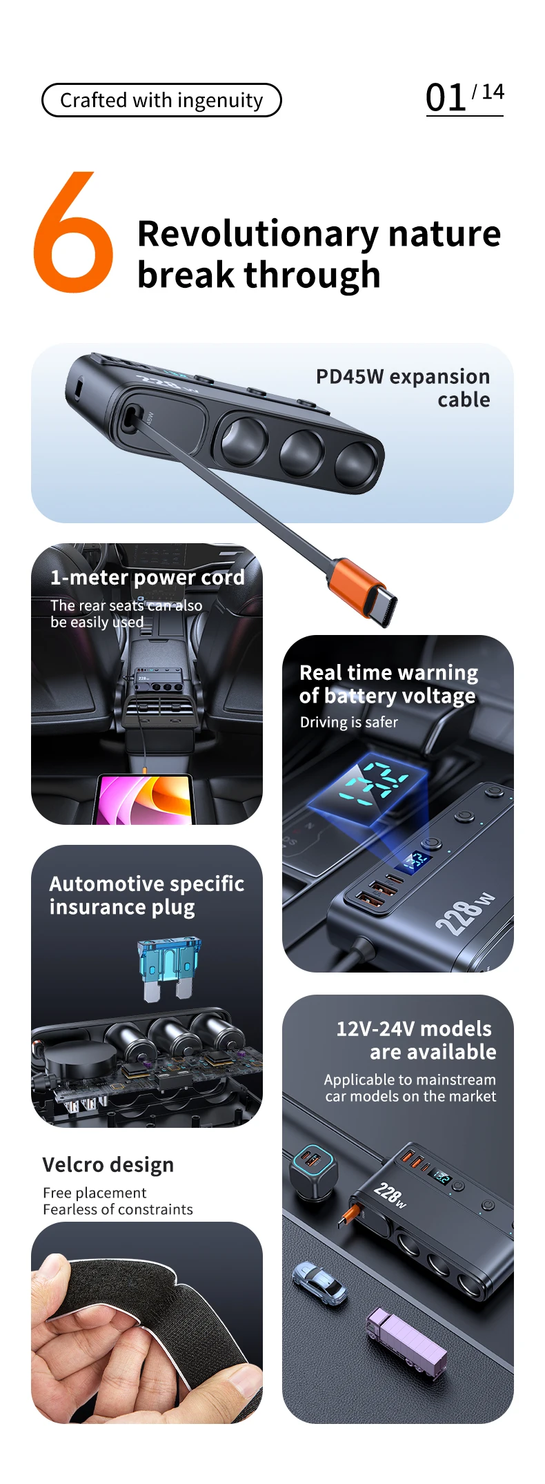 9 in 1 Cigarette Lighter Splitter 228W USB C Car Charger Adapter QC3.0 With PD45