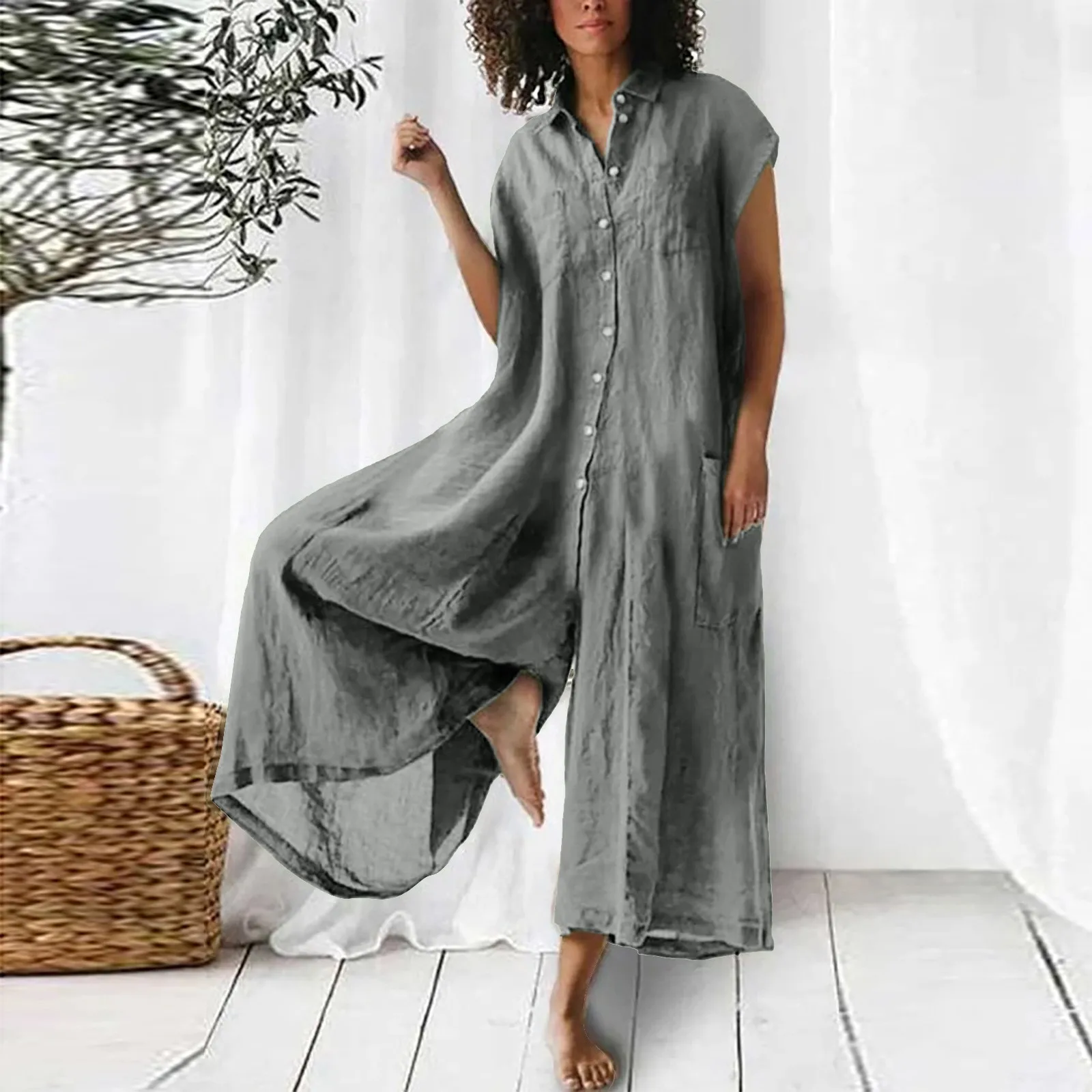 

Solid Spring Summer 2023 Lapel Button Loose Overalls Casual Vintage Wide Leg Jumpsuit Retro Cotton Linen Shirt Jumpsuit Rompers