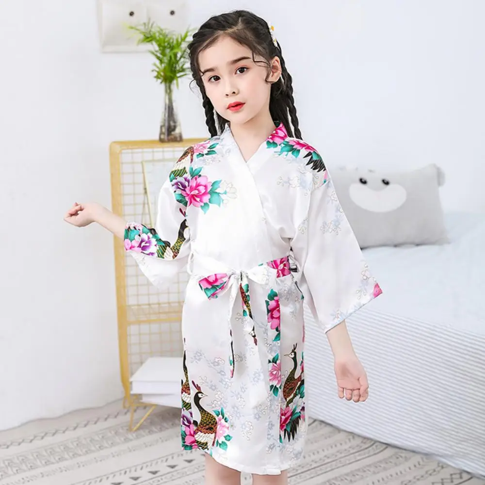 Comfortable Girls Children Long-Sleeve Floral Printing Dressing Gown Bath Robe Sleepwear For Home Daily Wear