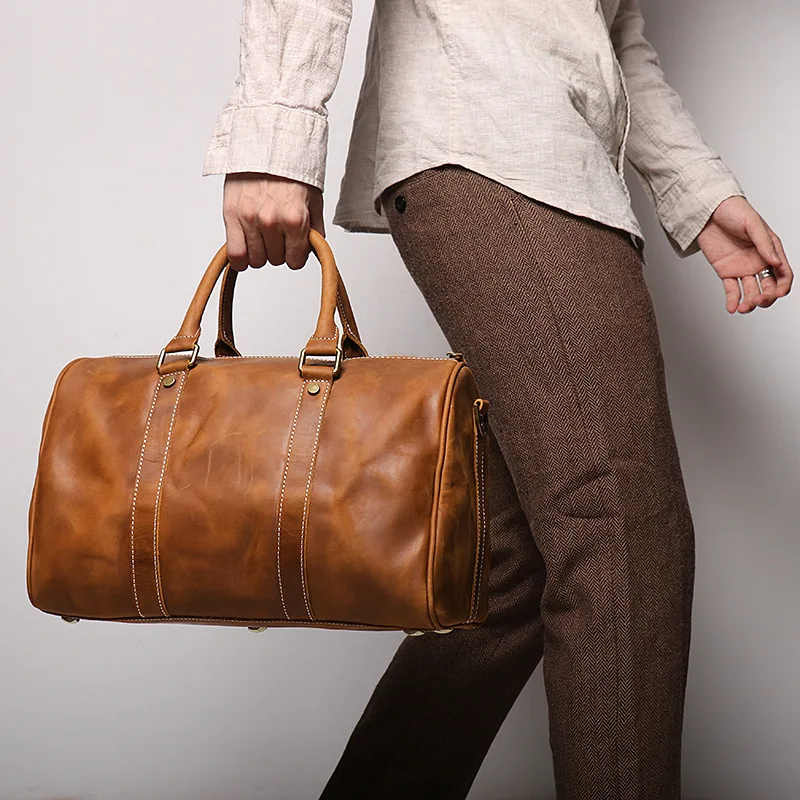 

Vintage Brown Black Top Gran Genuine Leather Short Trip Business Men Women Travel Bag Shoulder Messenger GYM Duffle M1028