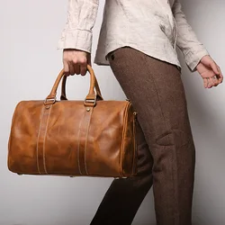 Vintage Brown Black Genuine Crazy Horse Leather Short Trip Business Men Women Travel Bag Shoulder Messenger GYM Duffle M1028
